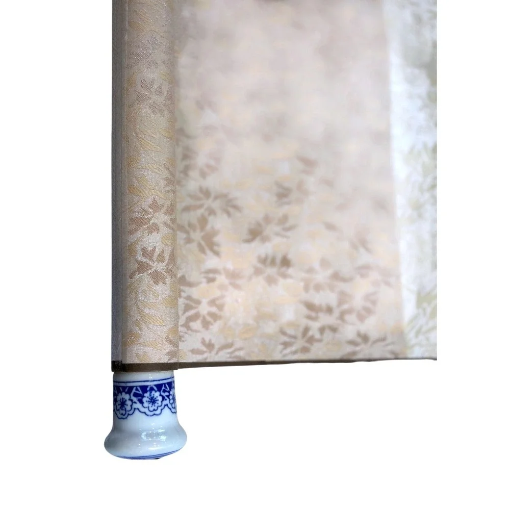 Vintage Asian Wall Scroll Yellow Peony Flower Silk Brocade Porcelain Ends‎ 48in